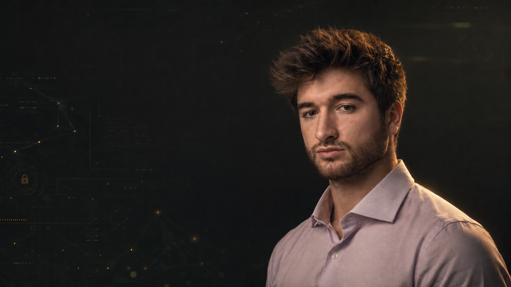 Portrait of Tyler Seder against a dark technology-inspired background